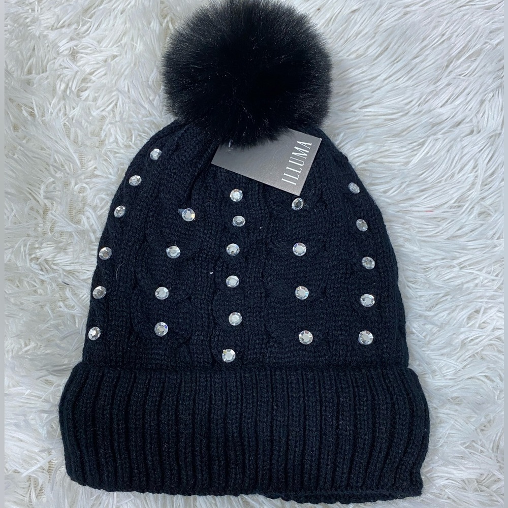 ILLUMA Faux Fur Lined Rhinestone Studded Knit Beanie With Pom Pom Black